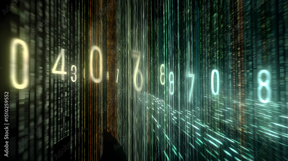 Poster digital matrix: a mesmerizing display of flowing data, numbers, and a glowing digital matrix that en