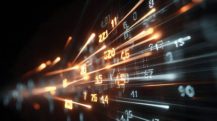 Digital Data Flow: Dynamic digital streams burst forth with numeric data, symbolizing technology and innovation, painted with energetic light streaks on a futuristic and abstract background.