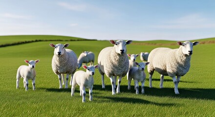 Obraz premium A serene pastoral scene with a flock of sheep and their young lambs grazing peacefully in a lush green field