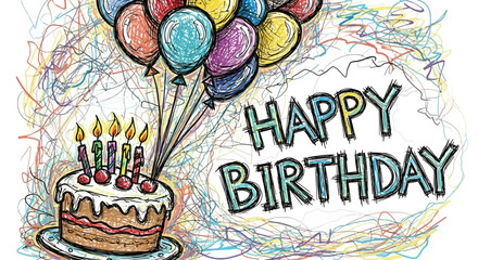 Colorful Happy Birthday Doodle with Balloons and Cake
