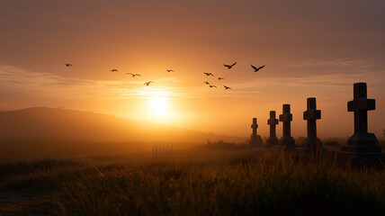Fototapeta premium Misty graveyard sunrise with birds flying over stone crosses, golden fog and soft light, theme of peace and freedom, cinematic landscape photo