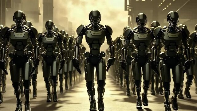 Futuristic army of humanoid robots marching in unison through a dystopian cityscape, showcasing advanced technology and design in a dramatic atmosphere of innovation and power. Generative 4k video.