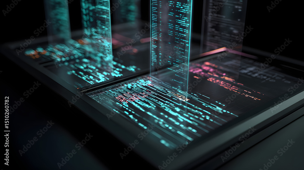 Poster digital code stream: captivating digital code streams across a sleek, transparent display, symbolizi