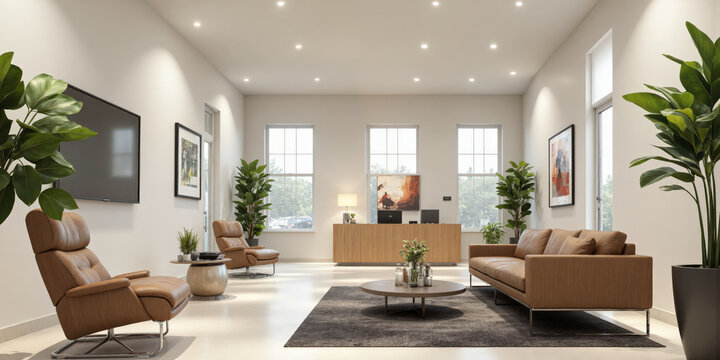 Modern waiting room with clean, wooden furniture and leather chairs. Soft ambient lighting complemented by task lighting on the reception