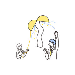 くす玉と合格して喜ぶ男子高校生と女性の先生のシンプルなイラスト素材