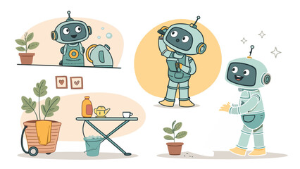 Friendly cartoon robots doing household chores like vacuuming, dishwashing, laundry, and plant care.
