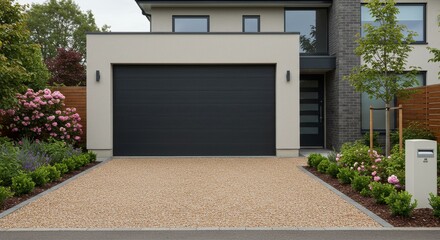 Modern Home Garage and Driveway - Stylish modern home with a dark gray garage door and a light beige resin driveway, landscaped garden