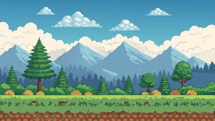 Pixel Art Mountain Landscape Game Background with mountains, trees, clouds, and vintage vibe.
