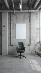 Industrial office with pipes and concrete, featuring a central A4 mockup above the chair.