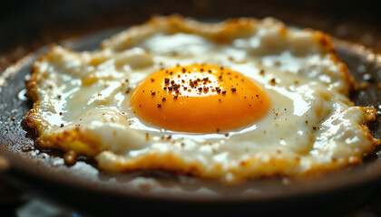 Close-up of fried egg with crispy edges and pepper in black pan on stove.

