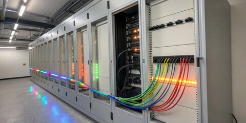 Modern data center with illuminated network cables and organized server racks in a technology hub