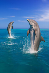 Naklejka premium Two Dolphins Soaring Above the Ocean, Splashes of Water Under a Clear Sky