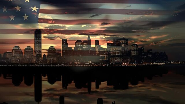 Surreal NYC skyline silhouette with stars and stripes overlay