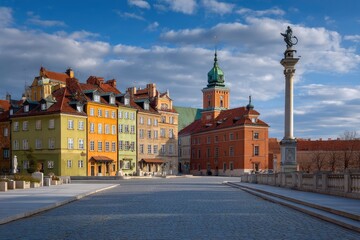 Obraz premium Historical European square displays colorful buildings, architectural details, and cobblestone