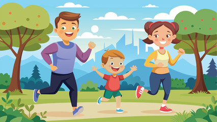 Cartoon Family Running Together in Park, Engaging in Outdoor Exercise and Healthy Lifestyle