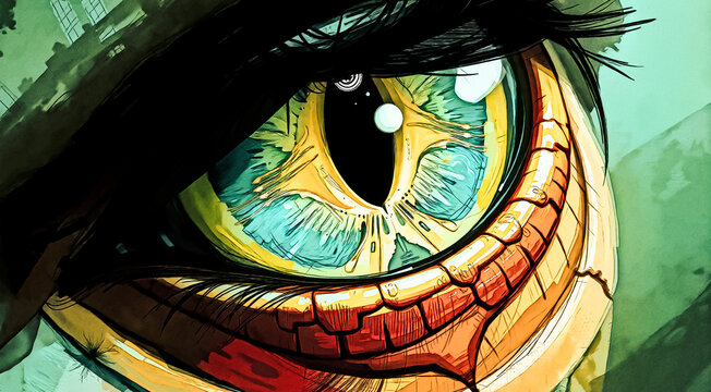 A reptilian eye depicted abstractly with exaggerated detail. Extreme close-up.