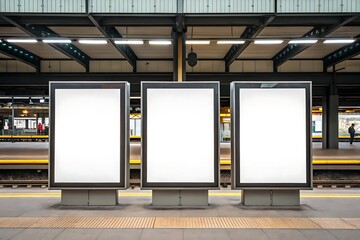 Three vertical empty billboards on train station platform. Urban advertising mockups for commercial posters, marketing designs, promotions, and business messages in public transport environment.