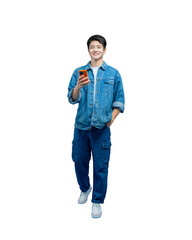 image full body of Young asian teen man using phone and posing on a PNG background	