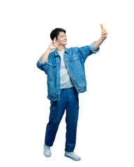 full body of Young asian teen man using phone and posing on a PNG background	