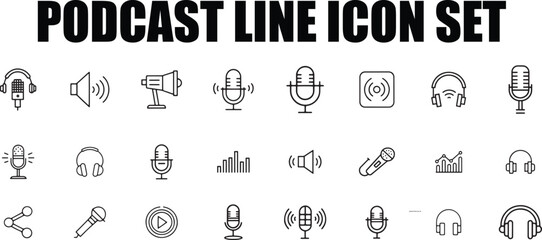 Podcast Line Icons Set  Outline Audio & Broadcast Symbols