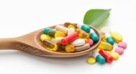 Essential Healthcare Products with Variety of Vitamins in Wooden Spoon on White Backdrop