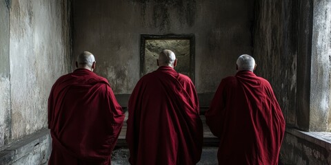 Naklejka premium Three Monks Contemplating the Unknown: Three monks in flowing red robes stand before a mysterious framed painting, lost in contemplation, as the aged room whispers tales of history and reflection.