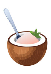 Fresh Coconut Dessert with Spoon Inside - Vector Illustration