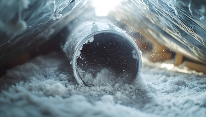 Illustration shows flexible aluminum dryer vent duct filled with lint, covered in dust, debris. Cleaning ventilation system, home improvement, appliance maintenance. Overloaded dryer duct cause fire
