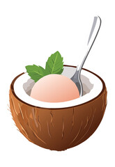 Coconut Ice Cream with Spoon - Vector Illustration