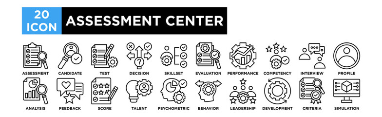 Fototapeta premium Assessment center icon collection set. Assessment, Candidate, Test, Decision, Skillset