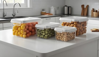 Plastic Storage Containers on Kitchen Counter Containing Fresh Produce and Snacks