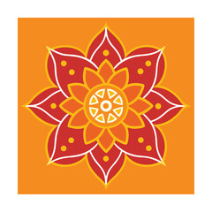 Colorful floral mandala design with intricate geometric patterns and vibrant orange background