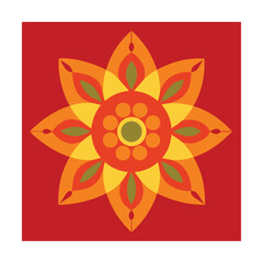 Abstract geometric flower design in vibrant orange yellow and green on red background