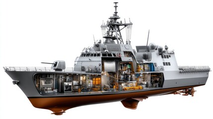 Military warship cutaway view