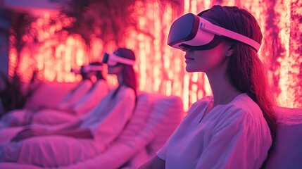 Immersive VR experience for relaxation. Women wearing VR headsets in a spa-like setting