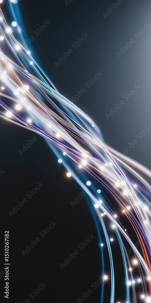 Poster a series of colorful lines and dots that appear to be moving in a wave. the image has a futuristic a