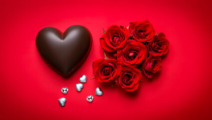 Romantic composition featuring chocolate heart roses and small heart shaped embellishments