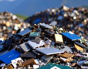 Electronic components from e-waste form a large discarded pile