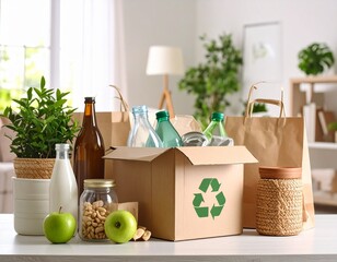 Sorted household recycling in green bins and boxes on a table