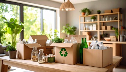 Sorted household recycling in green bins and boxes on a table