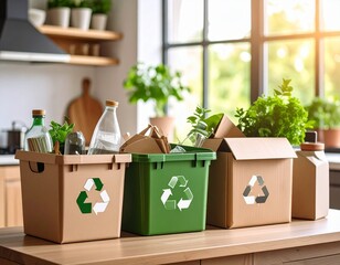 Sorted household recycling in green bins and boxes on a table