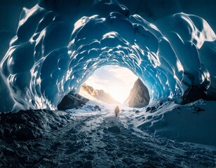A solitary figure walks through an illuminated blue ice cave tunnel