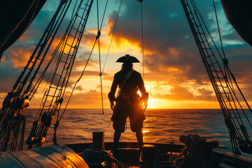 Silhouette of a pirate captain standing on the deck of a ship