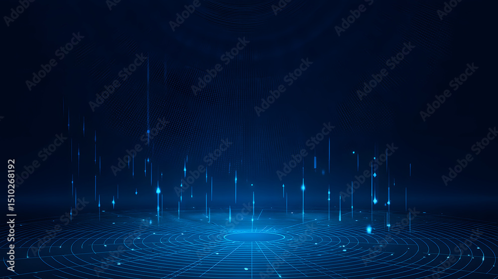 Poster digital data stream: abstract digital data streams rising from a circular base, creating a futuristi