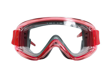 Red protective eyewear for winter sports.  Clear lens, adjustable fit