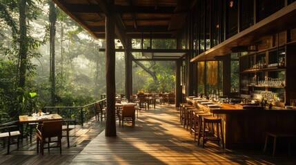 Obraz premium Sunlit jungle view restaurant with wooden deck, bar, and tables