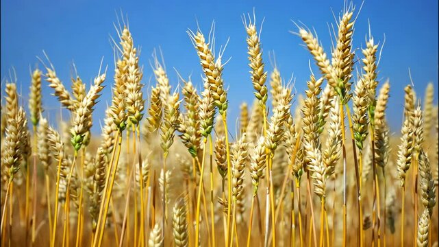 Golden wheat spikes sway gently in the summer breeze under clear sky Ripe grain field reflects fullness of harvest season and traditional celebration of Lammas and Thanksgiving	