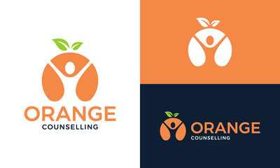 Healthy orange fruits logo design. Abstract orange fruits concept vector design with people therapy symbol graphic icon