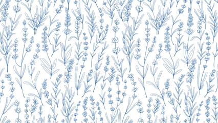 Seamless pattern with hand drawn lavender flowers in blue on a white background, floral design