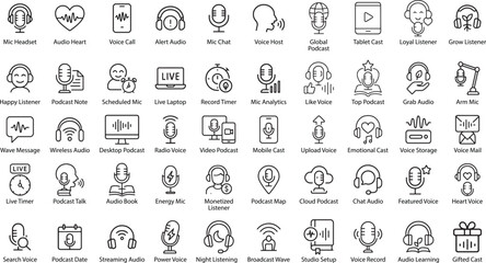 Podcast Icon Set, Vector Illustration, Outline Style
